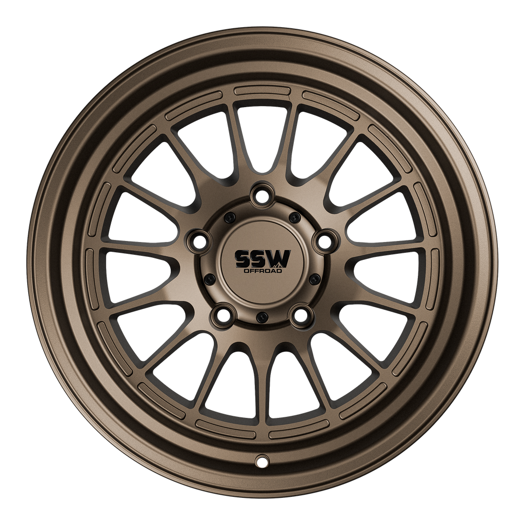 SSW Offroad Dakar matte bronze 17x9 wheel with 5-lug pattern, featuring a bold off-road tire mounted for rugged look.