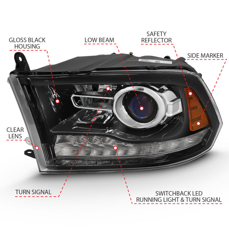 ANZO 2009-2018 Dodge Ram 1500 Projector Plank Style Switchback H.L Halo Black Amber (OE Style) 111439