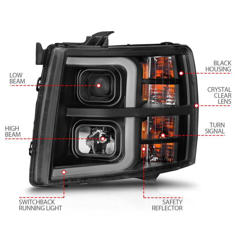 ANZO 2007-2013 Chevrolet Silverado 1500 Projector w/ Light Bar Black Housing w/ Sequential 111545