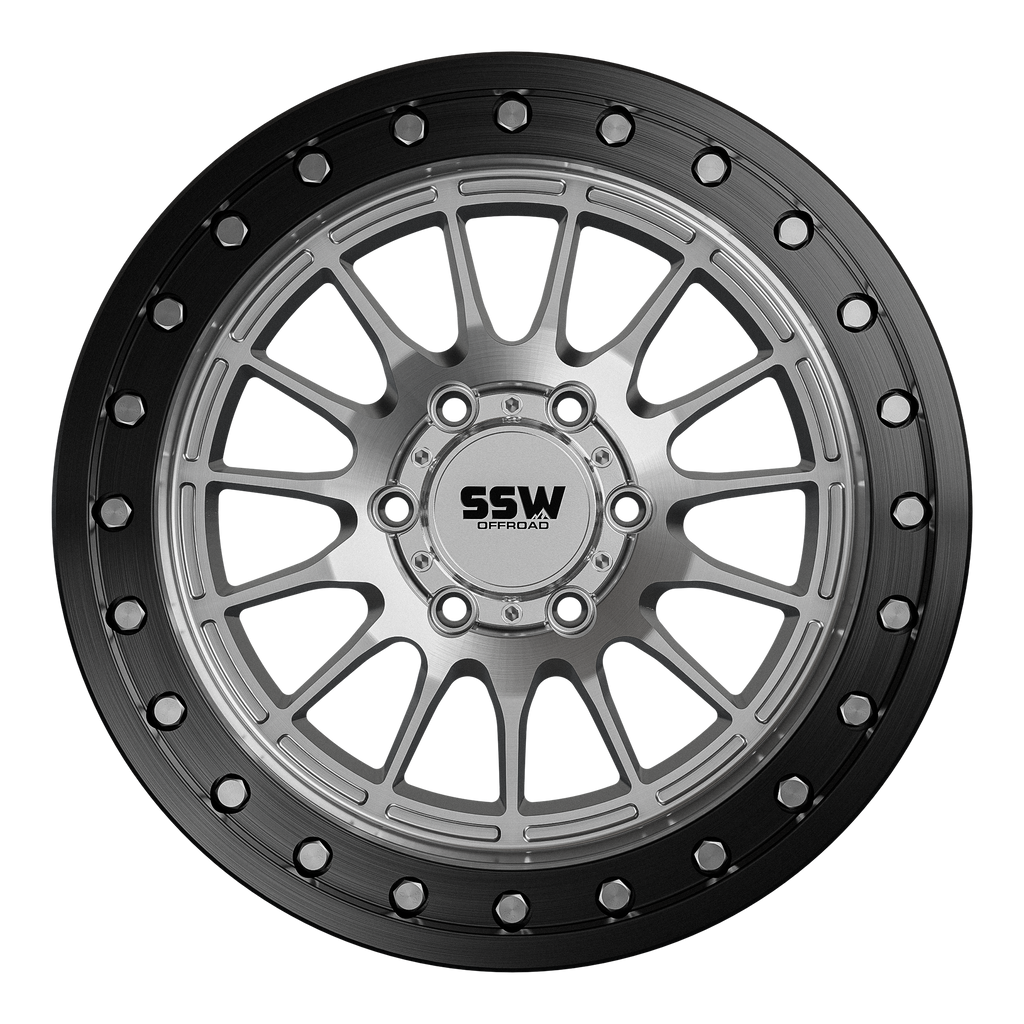 SSW Offroad Beadlock Dakar Rings in machined silver and black for off-road wheel enhancement.
