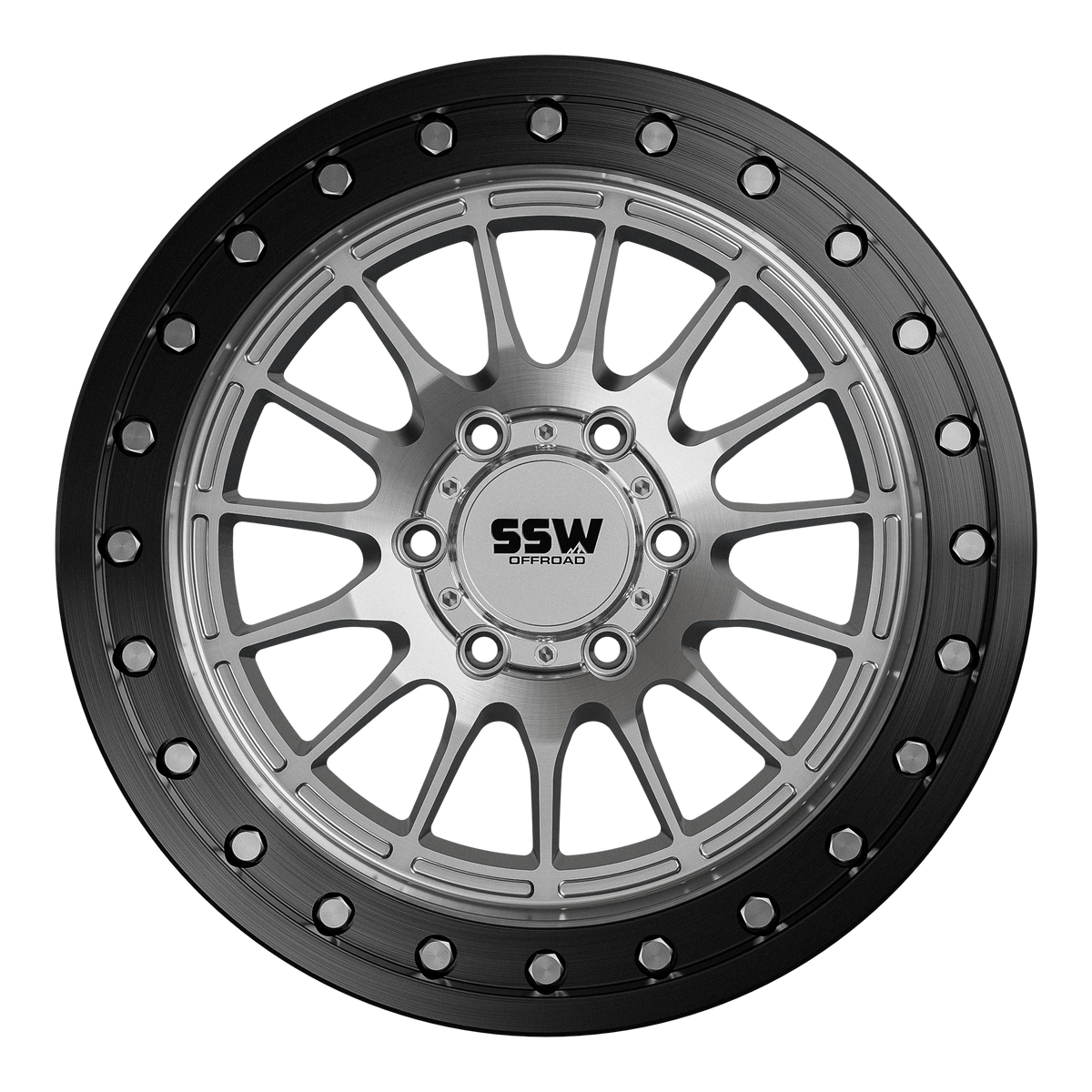 SSW Offroad Beadlock Dakar Rings in machined silver and black for off-road wheel enhancement.
