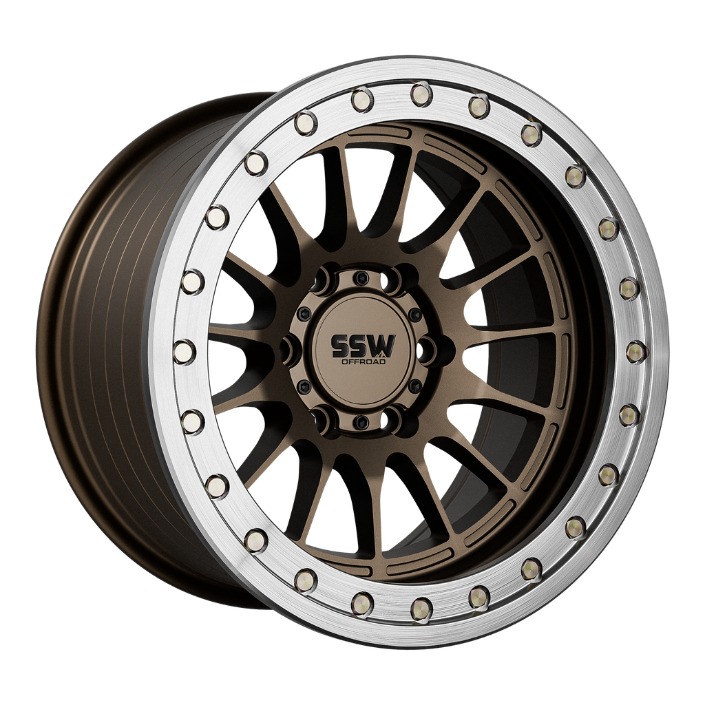 SSW Offroad beadlock Dakar wheels in matte bronze, 17x9 inches with -25 offset, featuring rugged beadlock design.