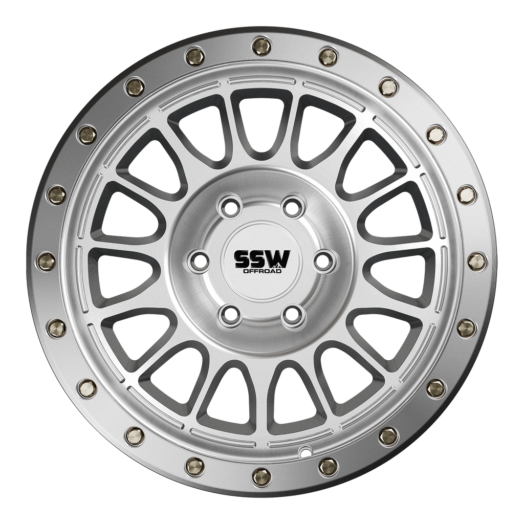 SSW Offroad Dakar Evo 17x9 silver machined wheels with +25 offset, featuring a bold spoke design and sturdy construction.