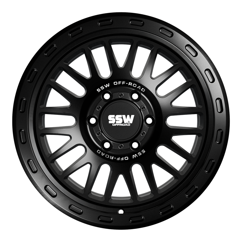 Matte black SSW Offroad Griffon 17x9 inch wheel with -25 offset, rugged design for off-road vehicles.