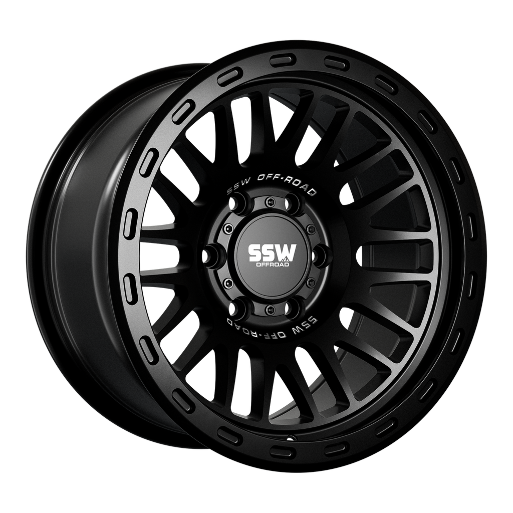 Matte black Griffon wheels by SSW Offroad, 17x9 inch, -25 offset, featuring rugged off-road design.