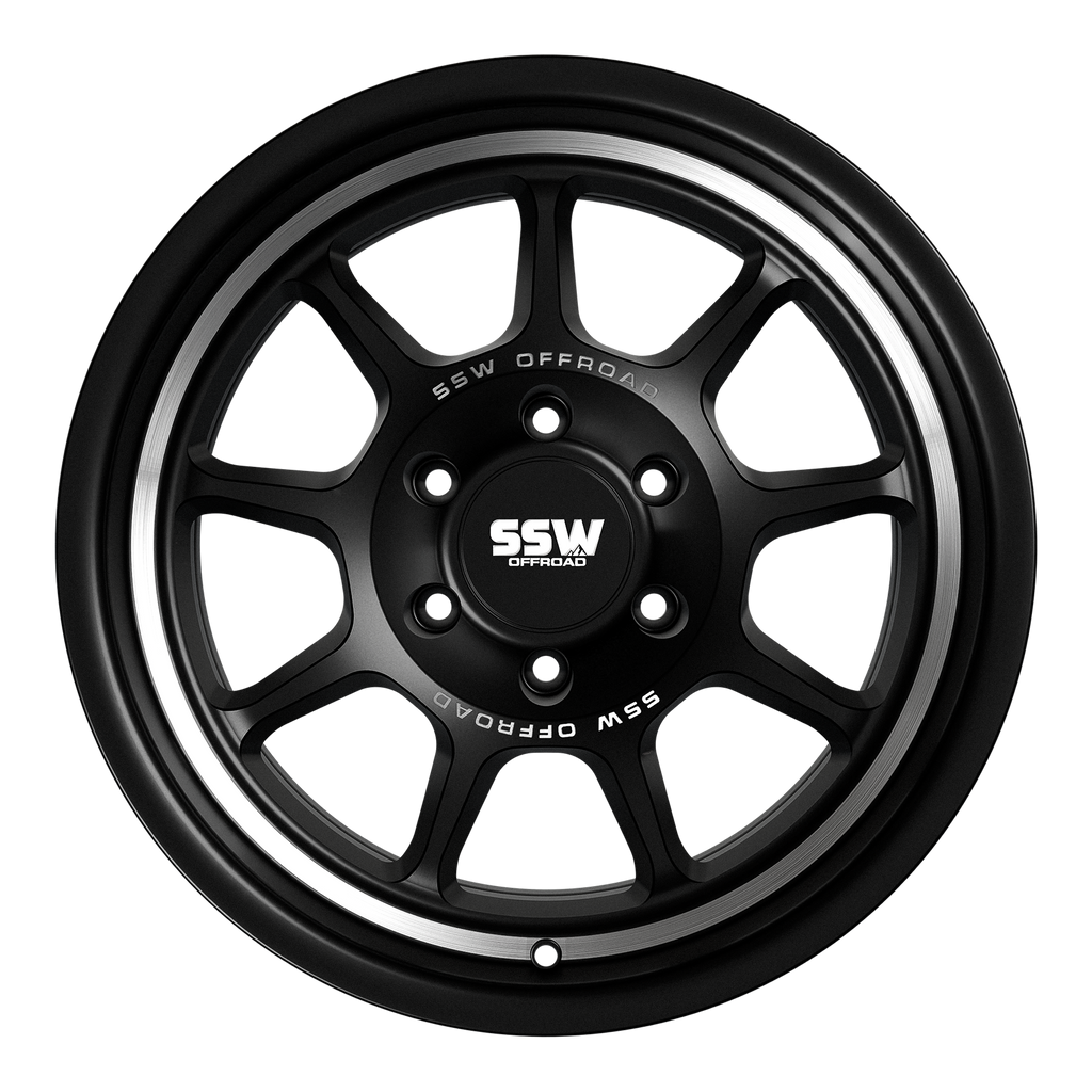 Matte black SSW Offroad Nova 17x9-inch wheel with -25 offset, featuring a machined face design.