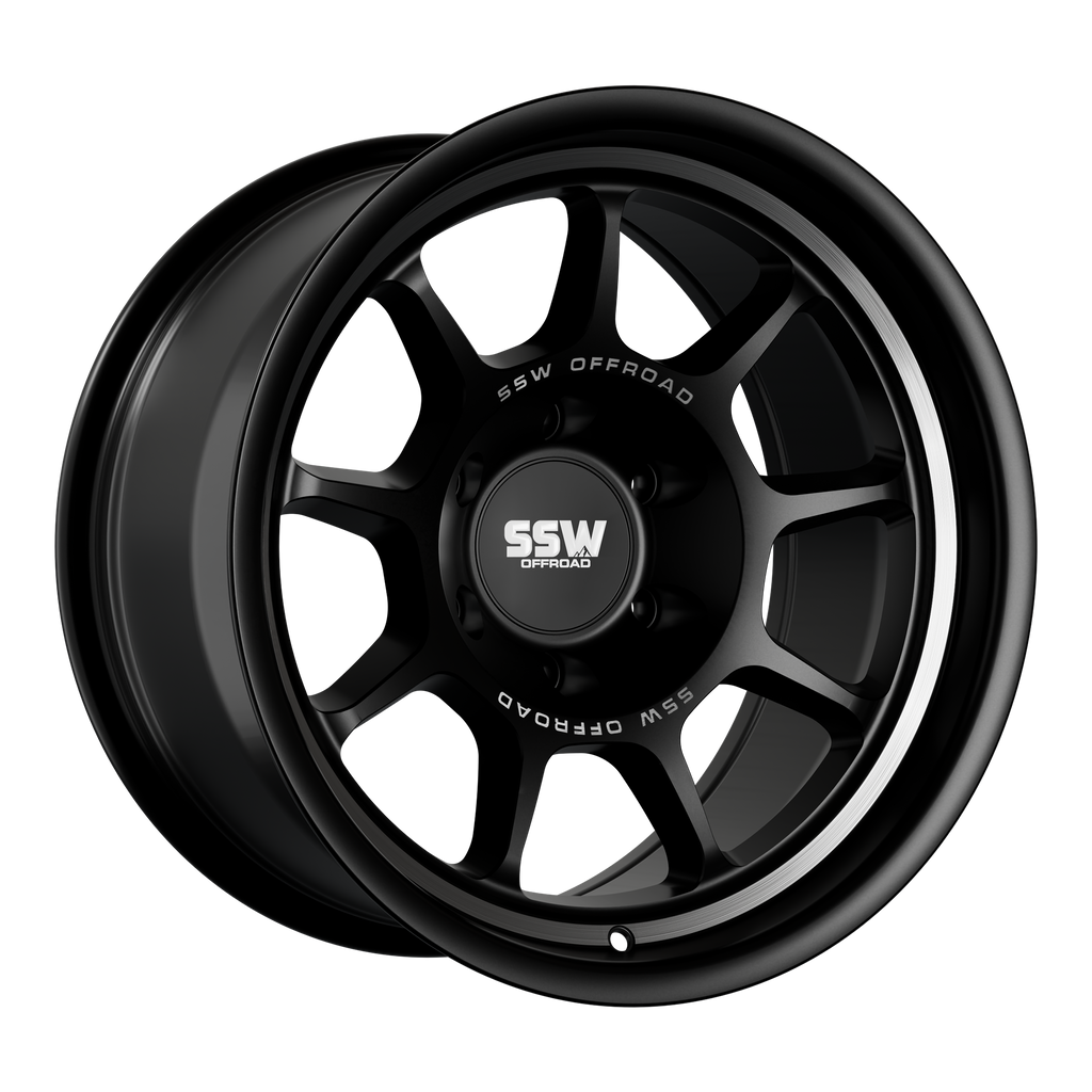 SSW Offroad Nova matte black 17x9.0 wheel with -25 offset, featuring machined accents and rugged off-road design.