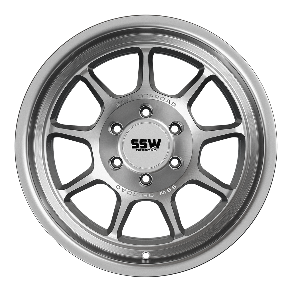 Silver SSW Offroad Nova wheels, 17x9.0 inches, with machined finish and -25 offset, shown from a side angle.