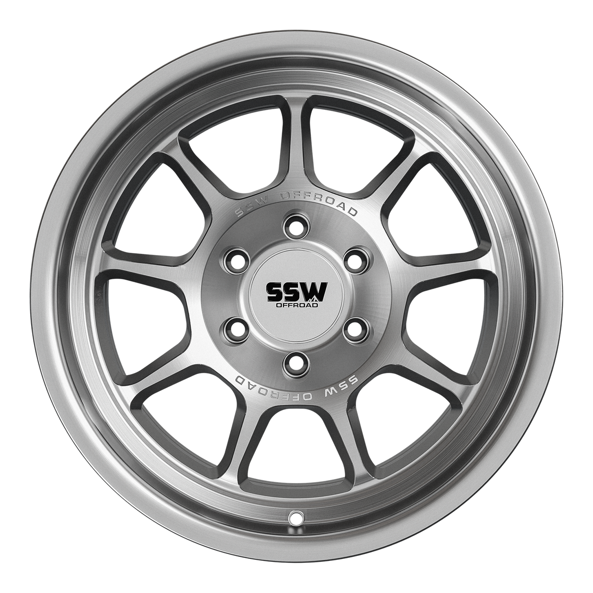 Silver SSW Offroad Nova wheels, 17x9.0 inches, with machined finish and -25 offset, shown from a side angle.