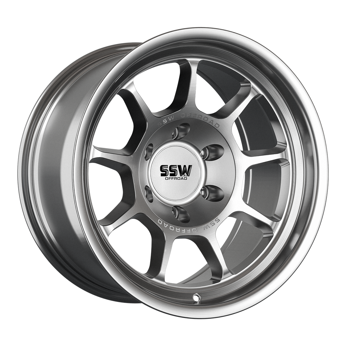 SSW Offroad Nova wheel in machined silver finish, 17x9 inches, -25 offset, featuring a sleek, rugged design for off-road vehicles.