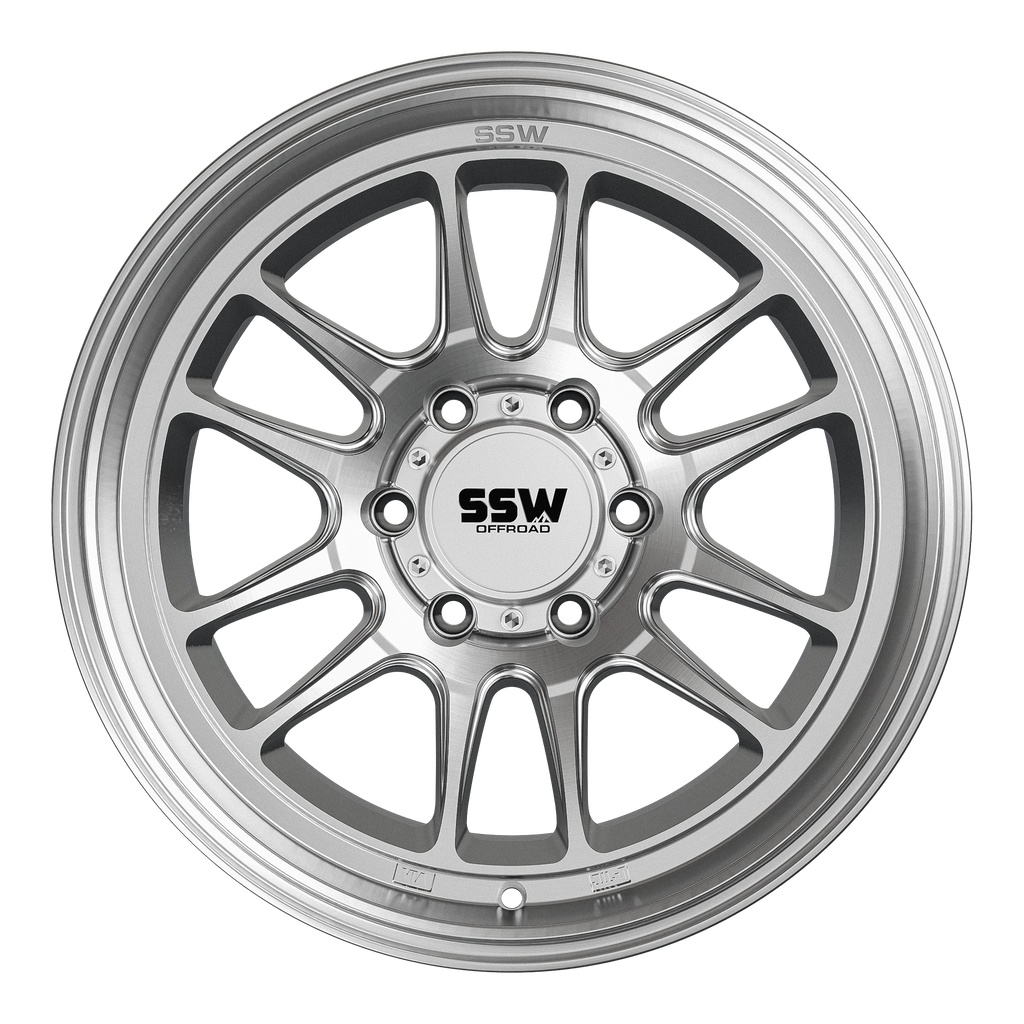 SSW Offroad Raptor wheels in machined silver finish, 17x9 inches with -12 offset, showcasing the sleek, satin silver design.
