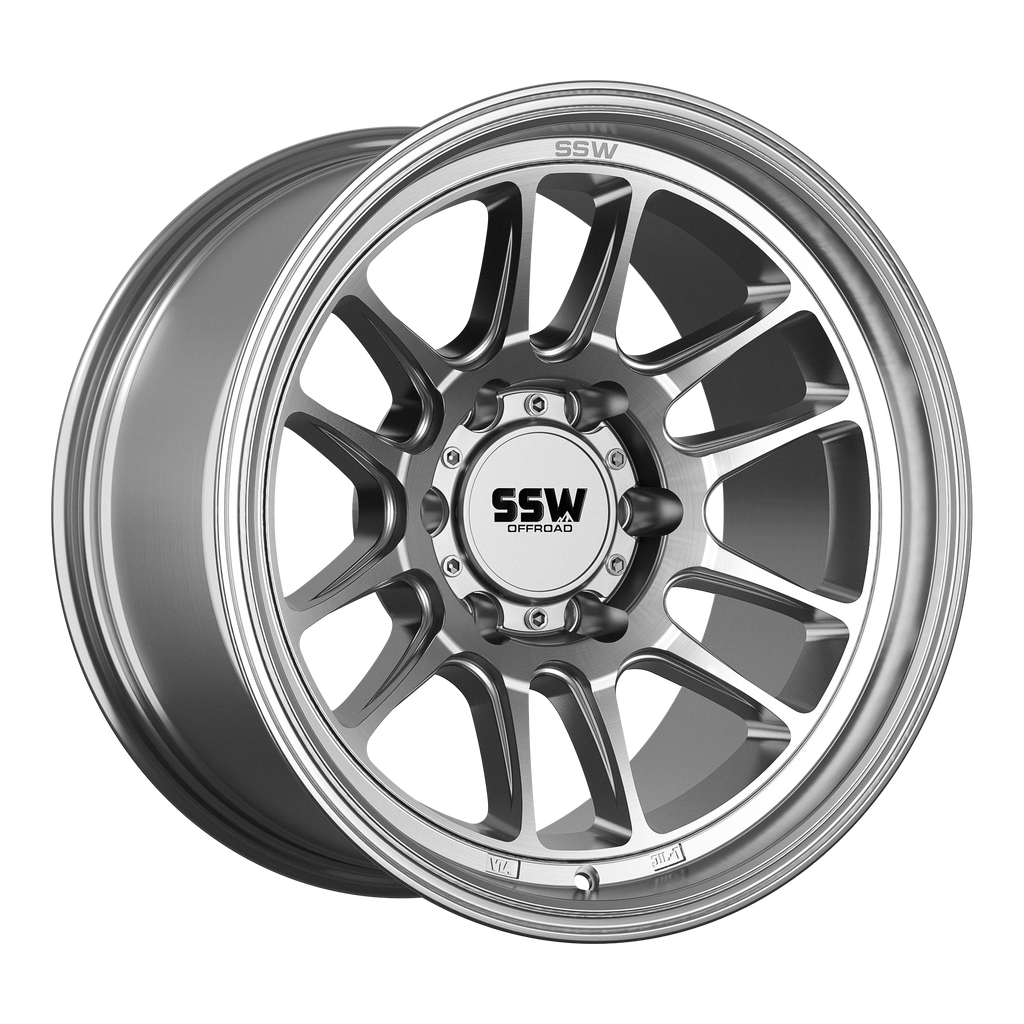 Silver machined off-road wheels by SSW Offroad, 17x9 inches with a -12 offset, featuring a rugged Raptor design.