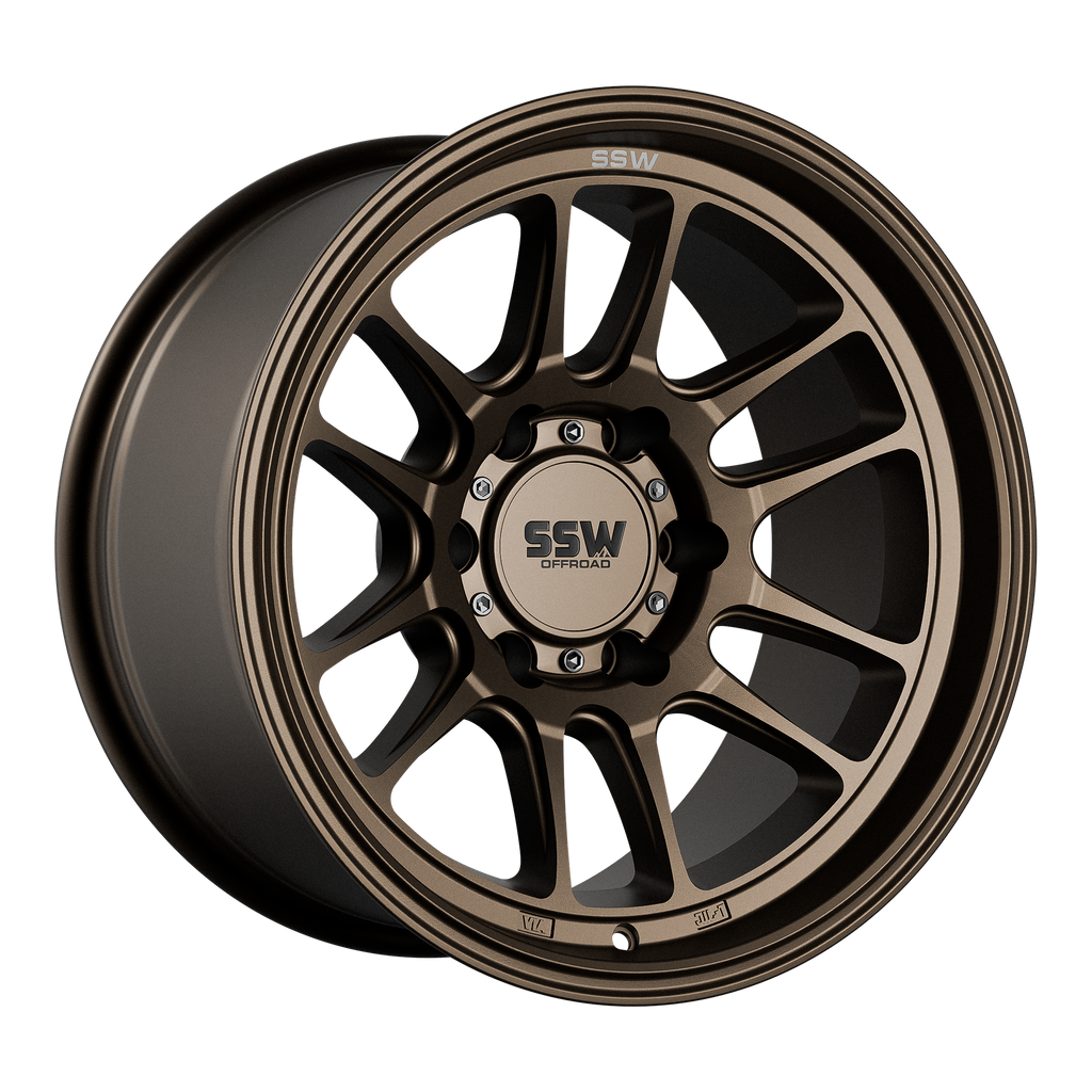 SSW Offroad Raptor matte bronze 17x9 inch off-road wheel with -12 offset, shown in a close-up view.