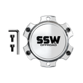 SSW Offroad® 6-lug center cap in machined silver for truck or SUV wheels, showing a close-up of the wheel hub cover.