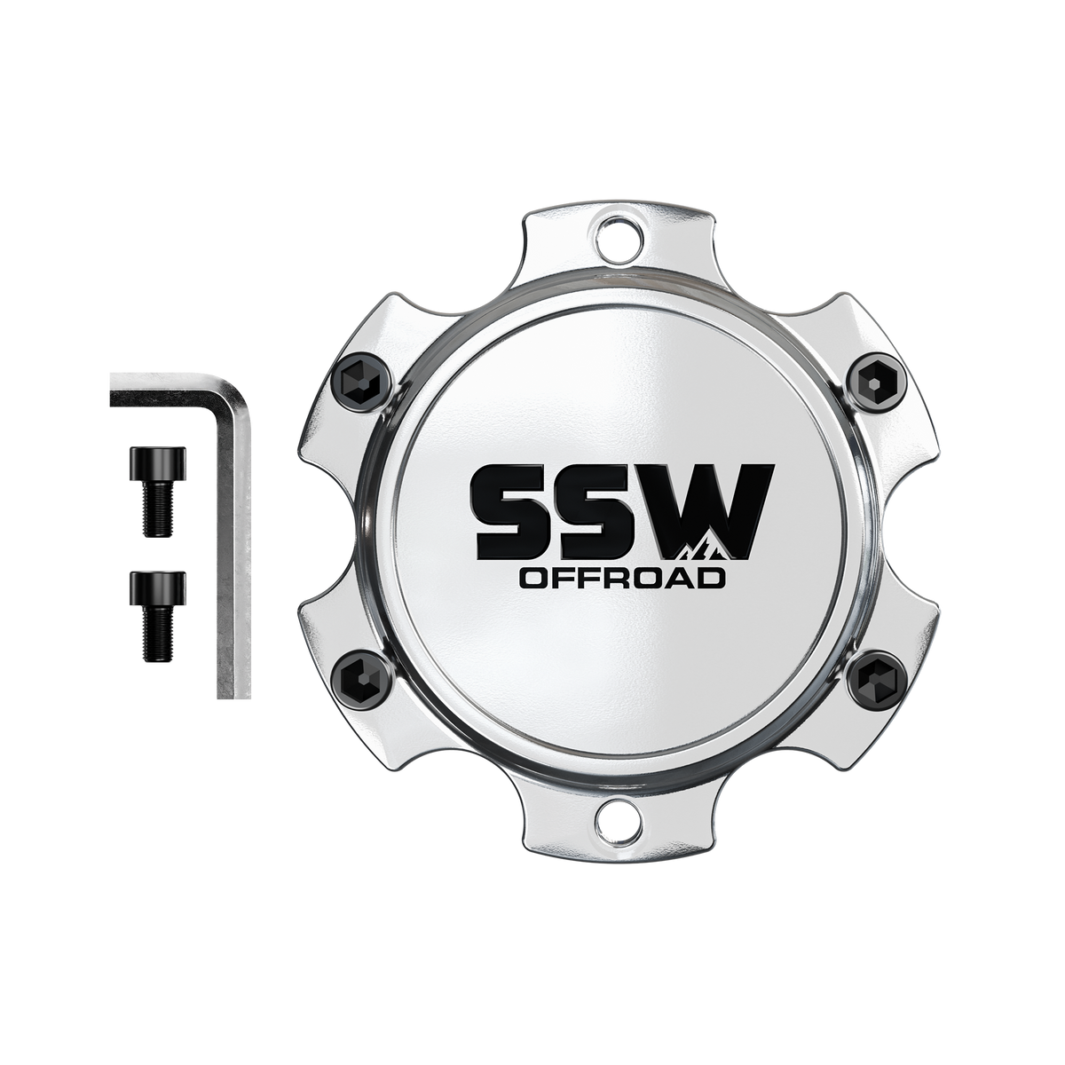 SSW Offroad® 6-lug center cap in machined silver for truck or SUV wheels, showing a close-up of the wheel hub cover.