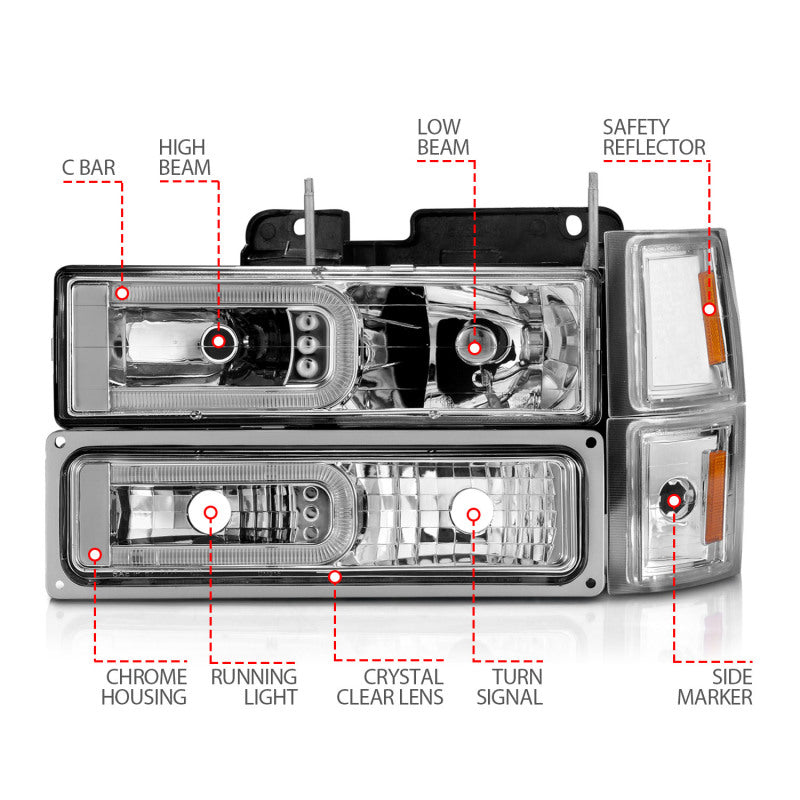ANZO 88-98 Chevrolet C1500 Crystal Headlights w/Light Bar Chrome Housing w/ Signal Side Markers 8Pcs 111529