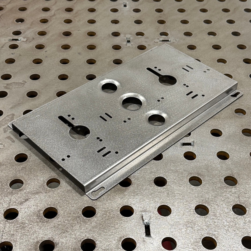 Elevate Metalcraft double charger wall mount plate for Milwaukee, DeWalt, Ridged tools, suitable for van, truck, or shop storage.