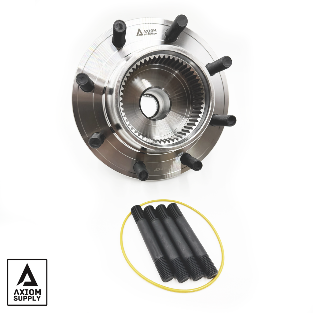 Axiom Supply lifetime warranty wheel bearing assembly for Ford F250-F350 4WD, 1999-2004, with fine thread, shown in image.