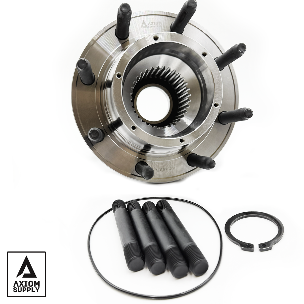 Axiom Supply lifetime warranty wheel bearing assembly for Ford F250-F350 4WD models, shown in the image.