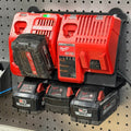 Milwaukee 2x M18 M12 rapid battery charger wall mount plate by Elevate Metalcraft, angled at 20 degrees for van, truck, or shop use.