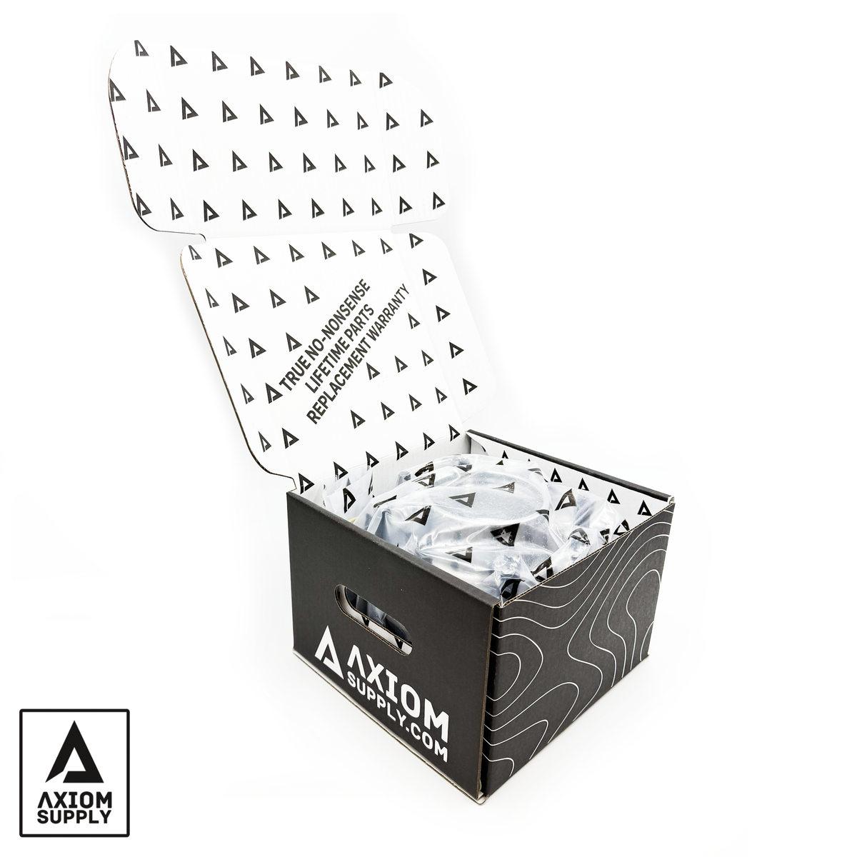 Axiom Supply lifetime warranty wheel bearing assembly for Ford F250-F350 4WD, shown in packaging with bearing components.