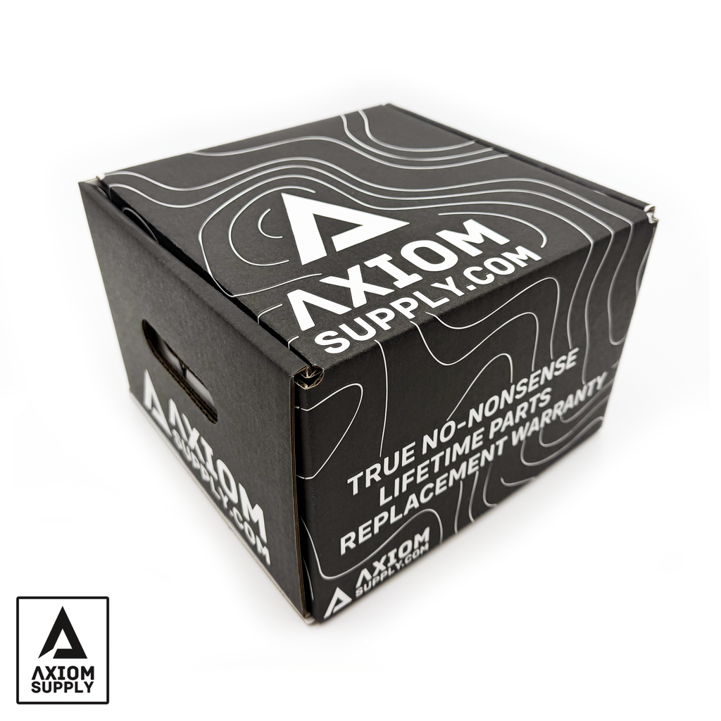 Axiom Supply Ford F250-F350 4WD wheel bearing assembly with coarse thread, shown in bearing box for model years 1999-2004.