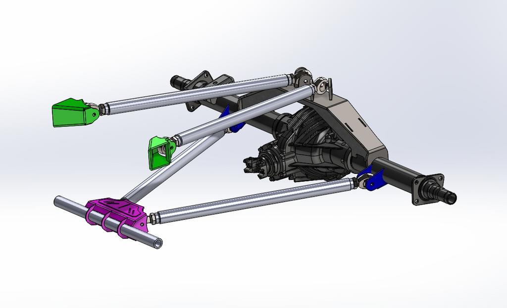 Riley Mountain Motorsports 4 Link Kit Dual Triangulated assembly shown from the front, featuring metal components and mounting points.