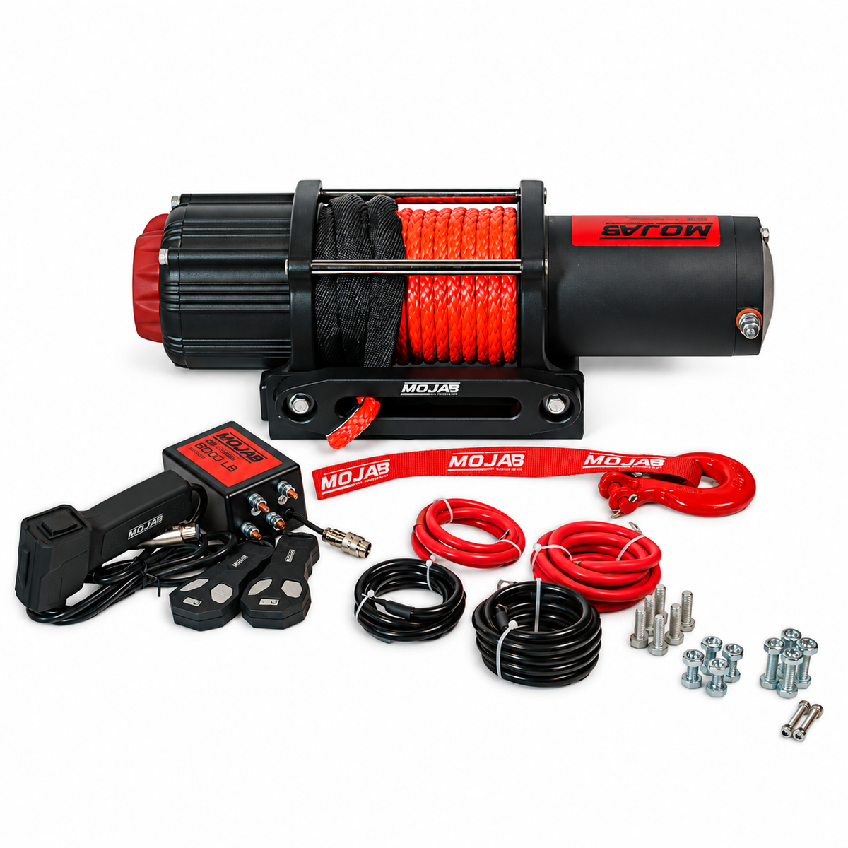 MOJAB OFFROAD MOJAB MO6.0 Series 6,000 lb electric winch with steel cable and mounting plate for off-road recovery.