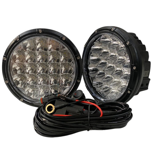 GGLighting 7-inch DayMaker LED headlight bundle with wiring harness showing the assembled headlight and wiring components.