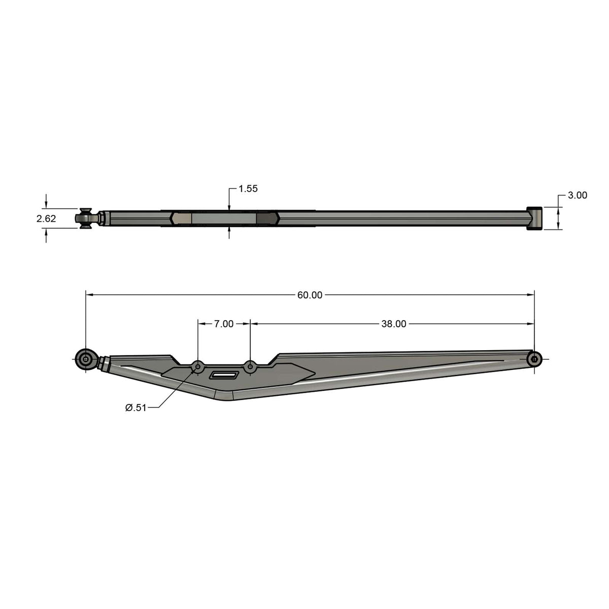 Riley Mountain Motorsports 60-inch DIY trailing arm kit with black metal components and mounting hardware for vehicle suspension.