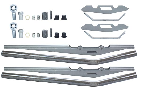 Pair of Riley Mountain Motorsports URC trailing arms with metal construction and mounting brackets, used in suspension systems.