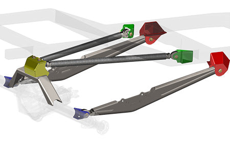 Riley Mountain Motorsports 48-inch trailing arm 4 link kit with metal components and mounting brackets for vehicle suspension.