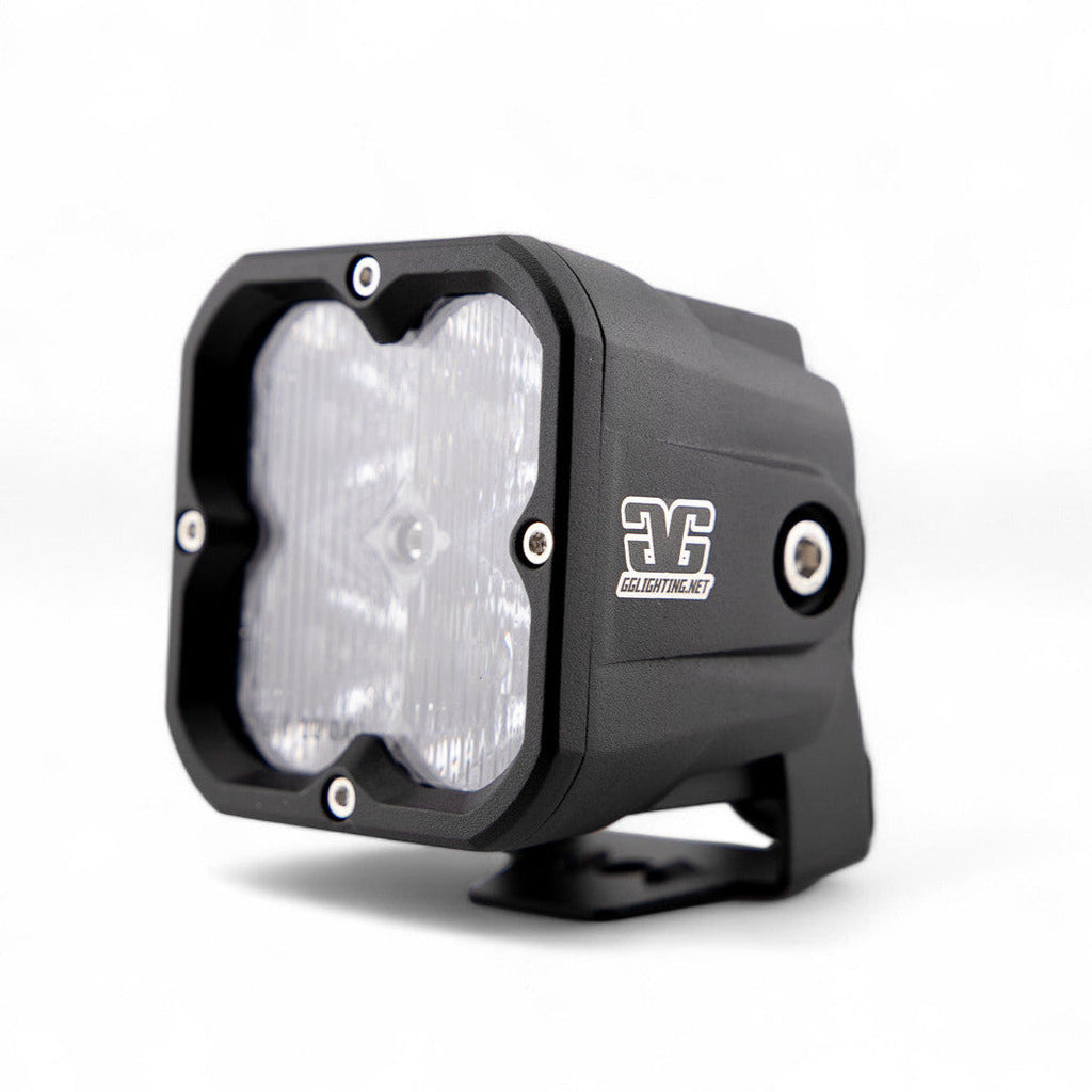 GGLighting RP20 LED Pod with clear lens, showing bright white light and compact design for off-road or automotive lighting.