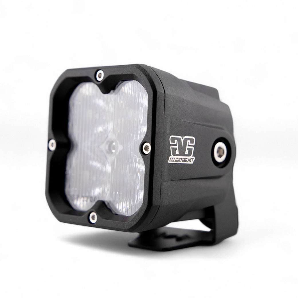 GGLighting RP20 LED Pod with clear lens, showing bright white light and compact design for off-road or automotive lighting.