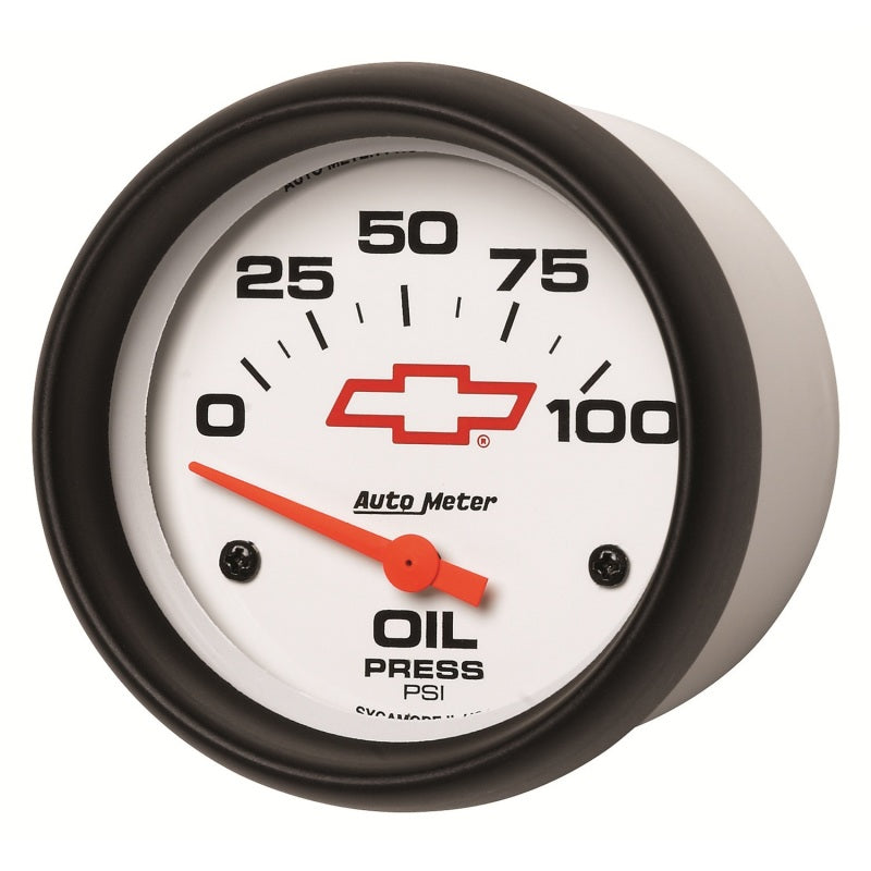 AutoMeter Gauge Oil Pressure 2-5/8in. 100PSI Electric Chevy Red Bowtie White 5827-00406