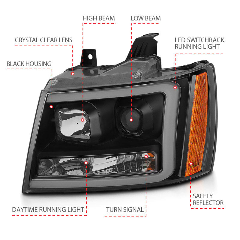 ANZO 07-14 Chevy Tahoe Projector Headlights w/ Plank Style Design Black w/ Amber 111402