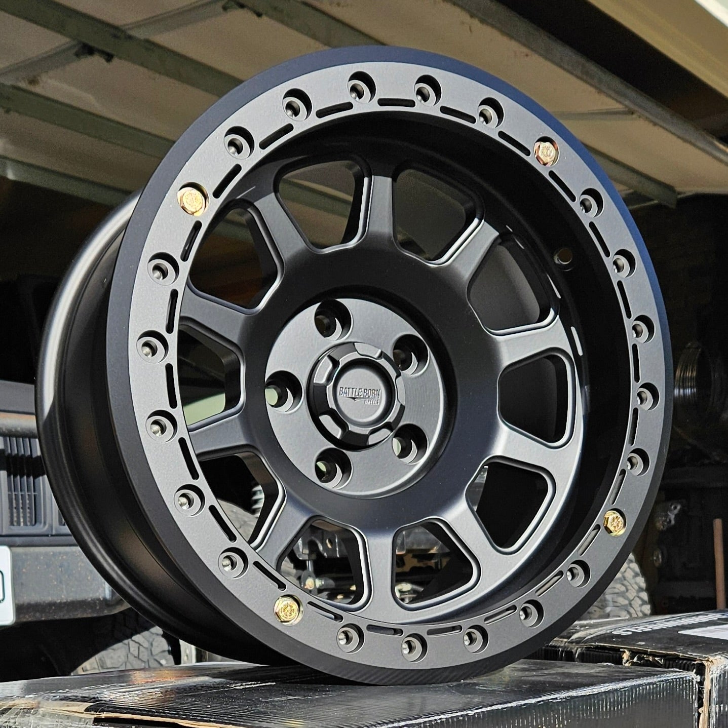 Battle Born Wheels 5-lug and 6-lug billet beadlock center cap, 84mm outer diameter, machined finish for Jeep wheels.