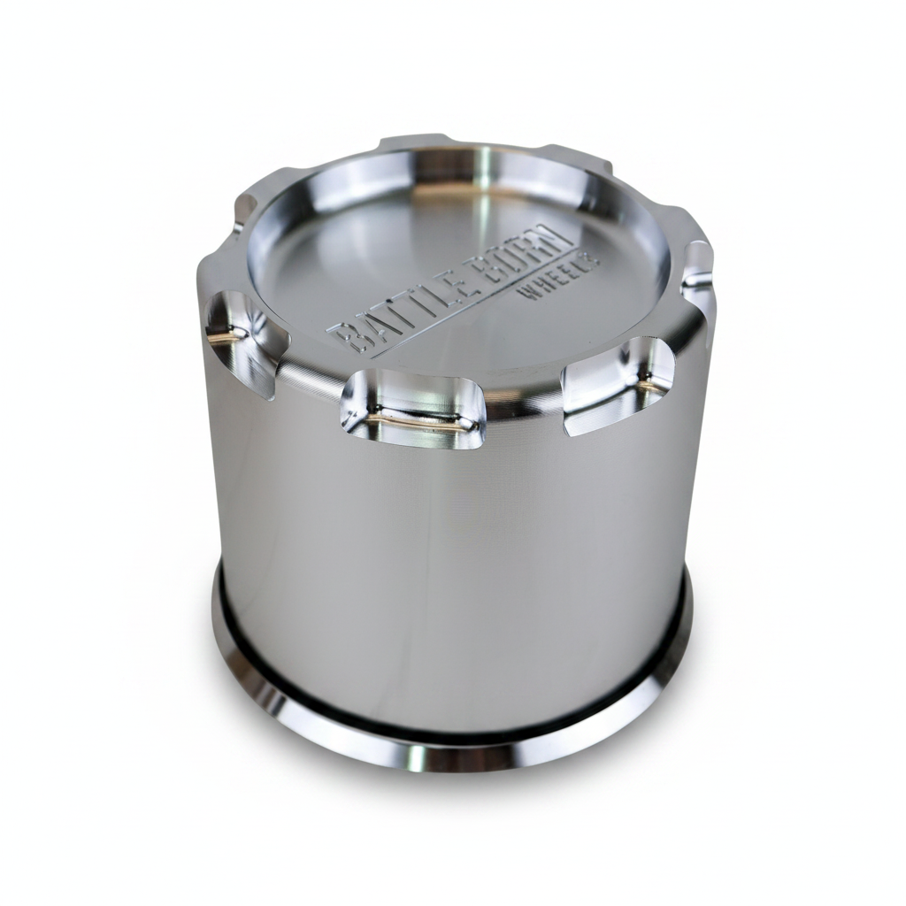 Battle Born Wheels 8-lug billet center cap for beadlock accessories, machined finish, 130mm OD, 125mm ID, 3.80-inch depth.