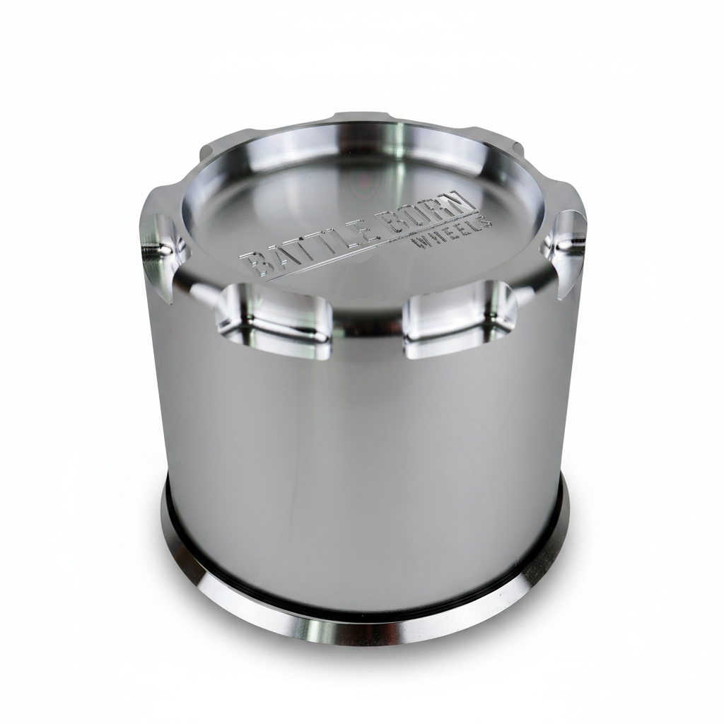 Battle Born Wheels 8-lug billet center cap for beadlock accessories, machined finish, 81mm outer diameter, 125mm inner diameter.