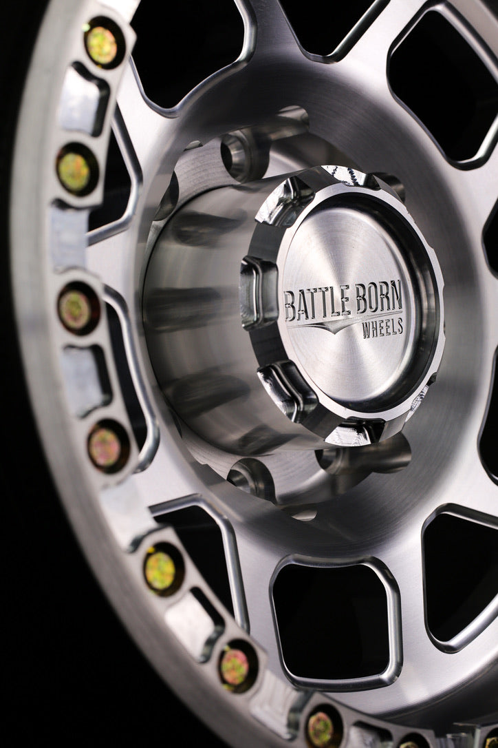 Battle Born Wheels 8-lug billet beadlock center cap with machined finish, 130mm outer diameter, 125mm inner diameter, 3.80mm depth
