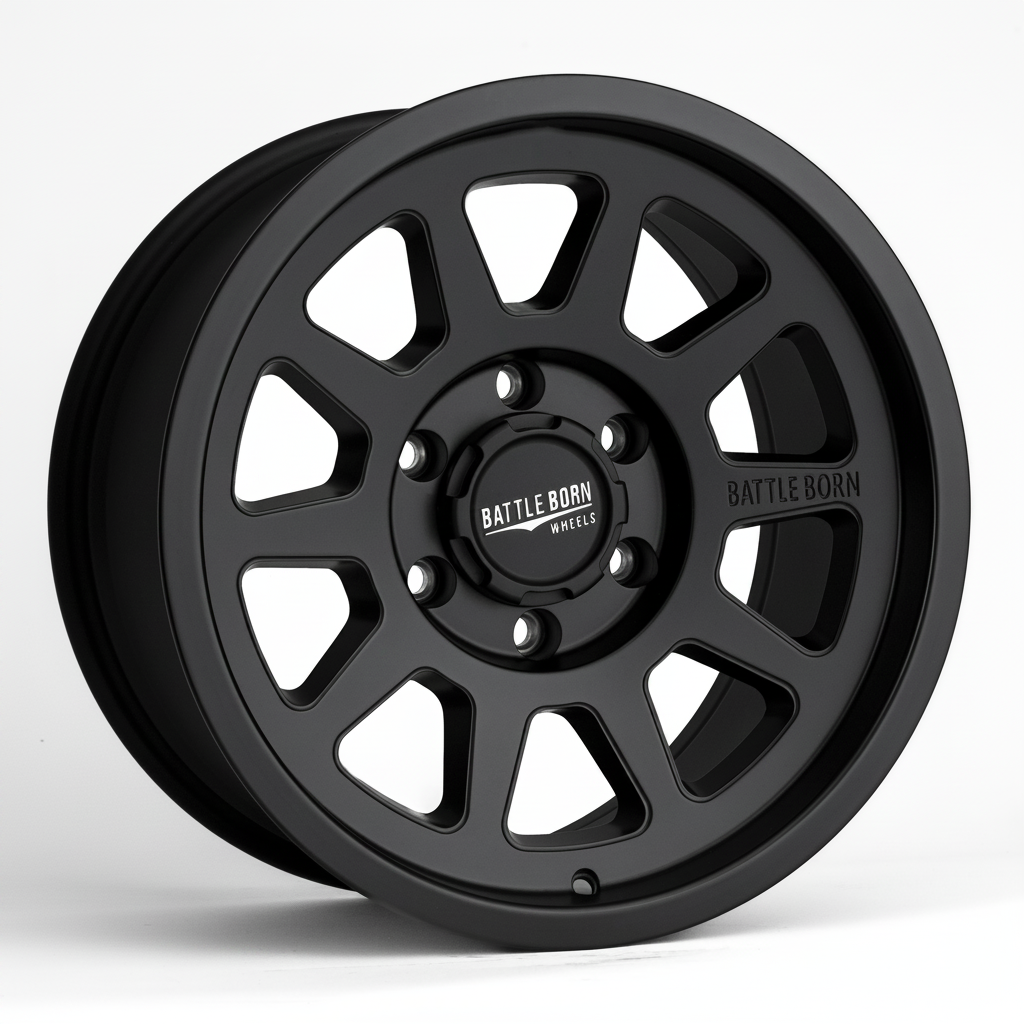 Black Battle Born Wheels Sierra HoldFAST wheels in blackout finish, 17x8 size with 5x5 bolt pattern and 4.75-inch offset.