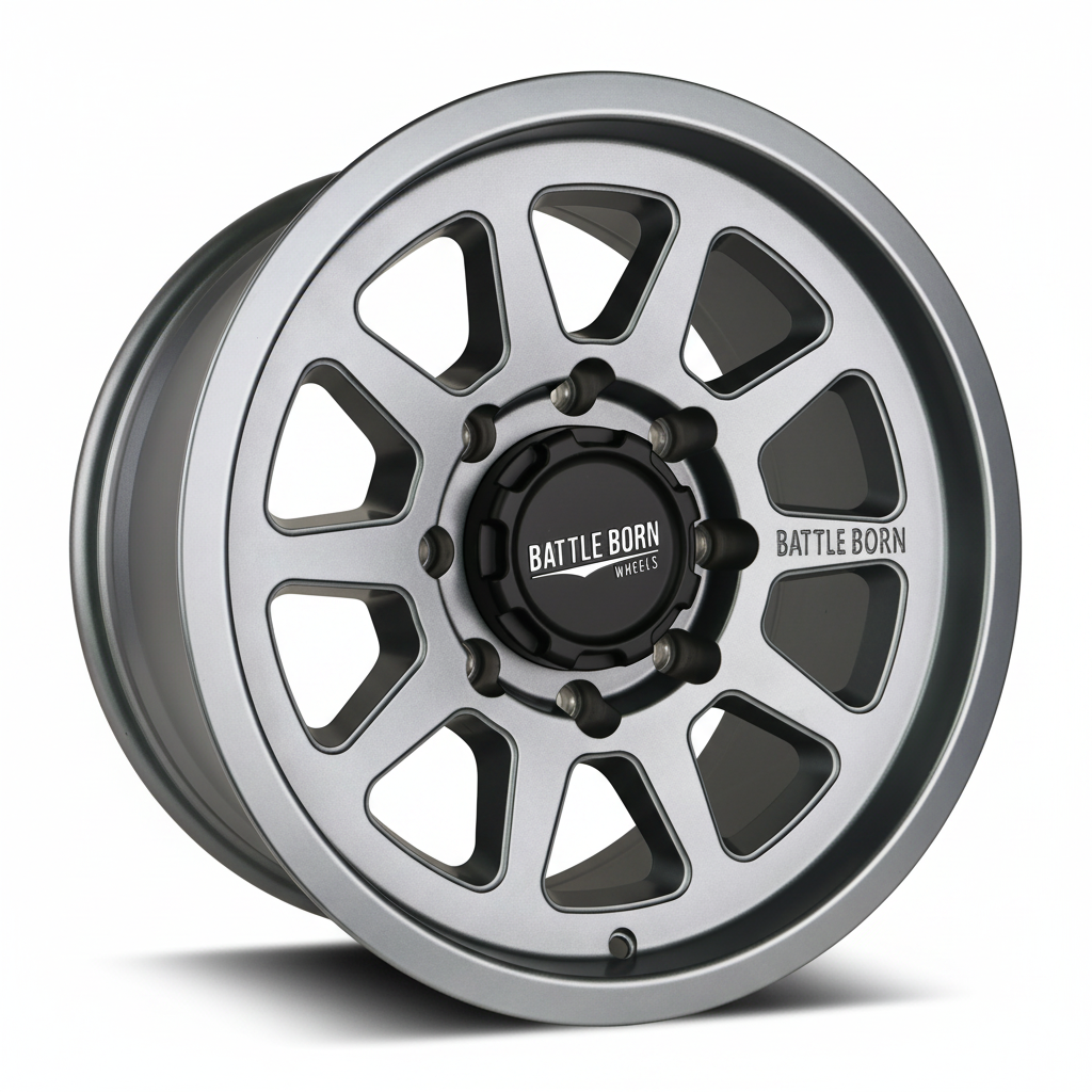 Gray Battle Born Wheels Sierra HoldFast 17x8-inch off-road wheels with 5x5 bolt pattern and 4.75-inch backspacing.