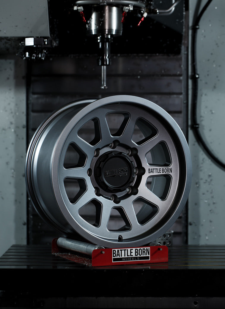 Battle Born Wheels Sierra HoldFAST gray 17x8 inch wheels with 5x5 inch bolt pattern and 4.75 inch offset.