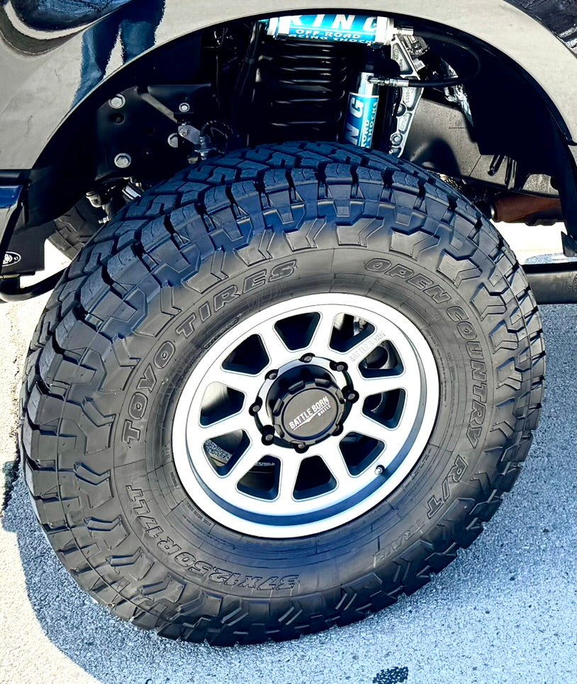 Gray Battle Born Wheels Sierra HoldFast 17x8 inch wheels with 5x5 bolt pattern and 4.75-inch offset.