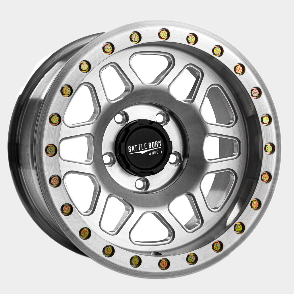 Battle Born Wheels KILO forged simulated wheels 17x9 inches with 5x5.13 bolt pattern, machined finish, drain holes, for Jeep JK, JL, JT