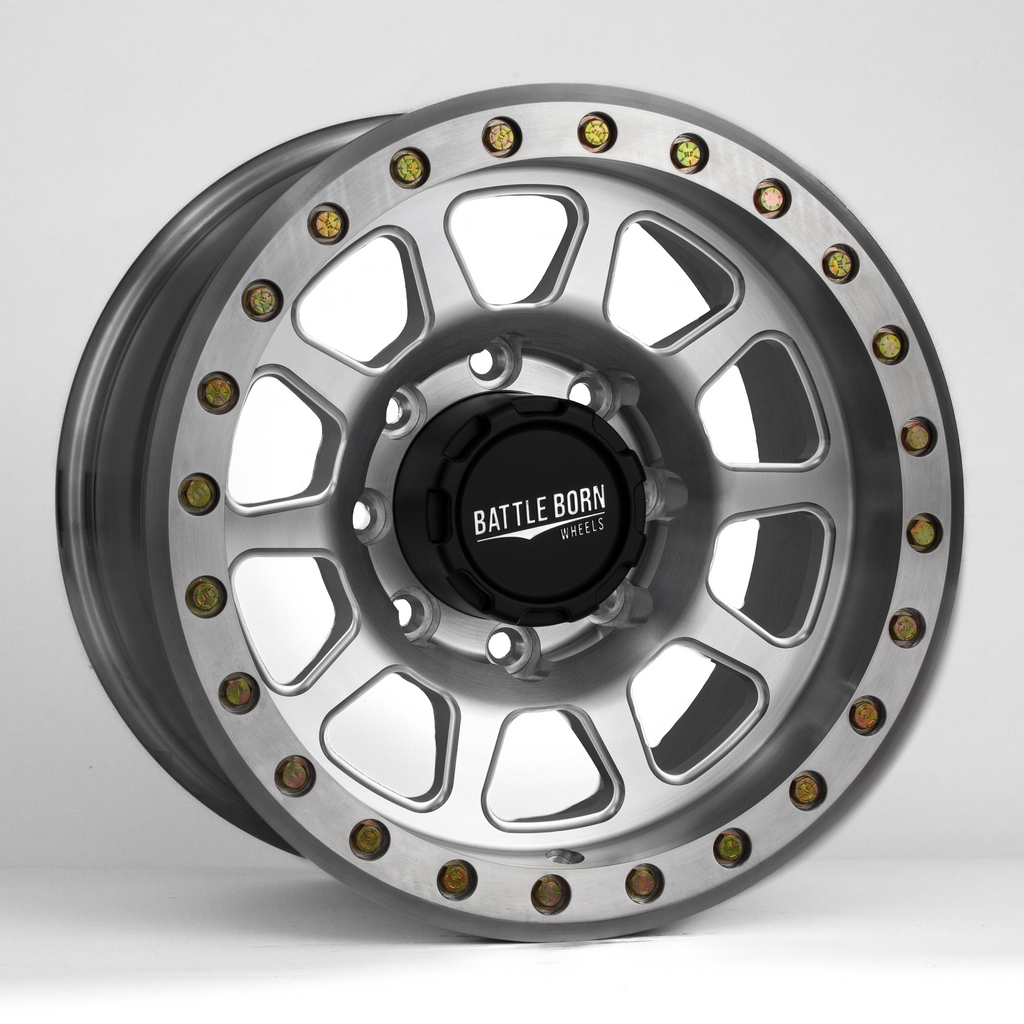Battle Born Wheels Sierra forged simulated 17x9 Jeep wheel with 5x5 bolt pattern, machined finish, drain holes, and ring design.