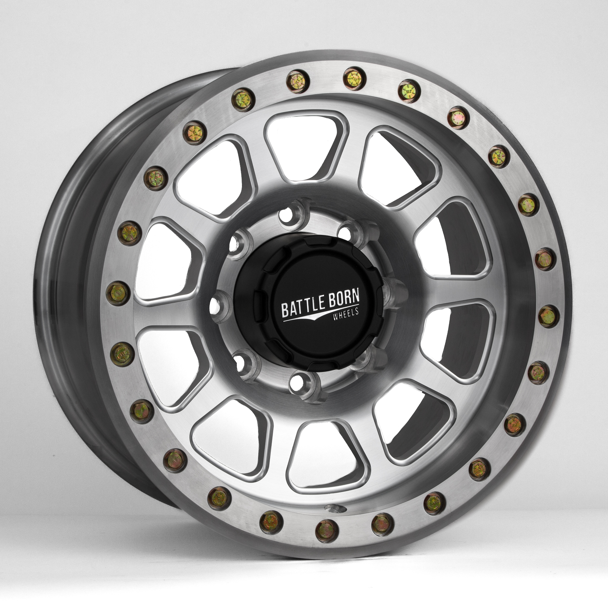 Battle Born Wheels Sierra forged simulated 17x9 Jeep wheel with 5x5 bolt pattern, machined finish, drain holes, and ring design.