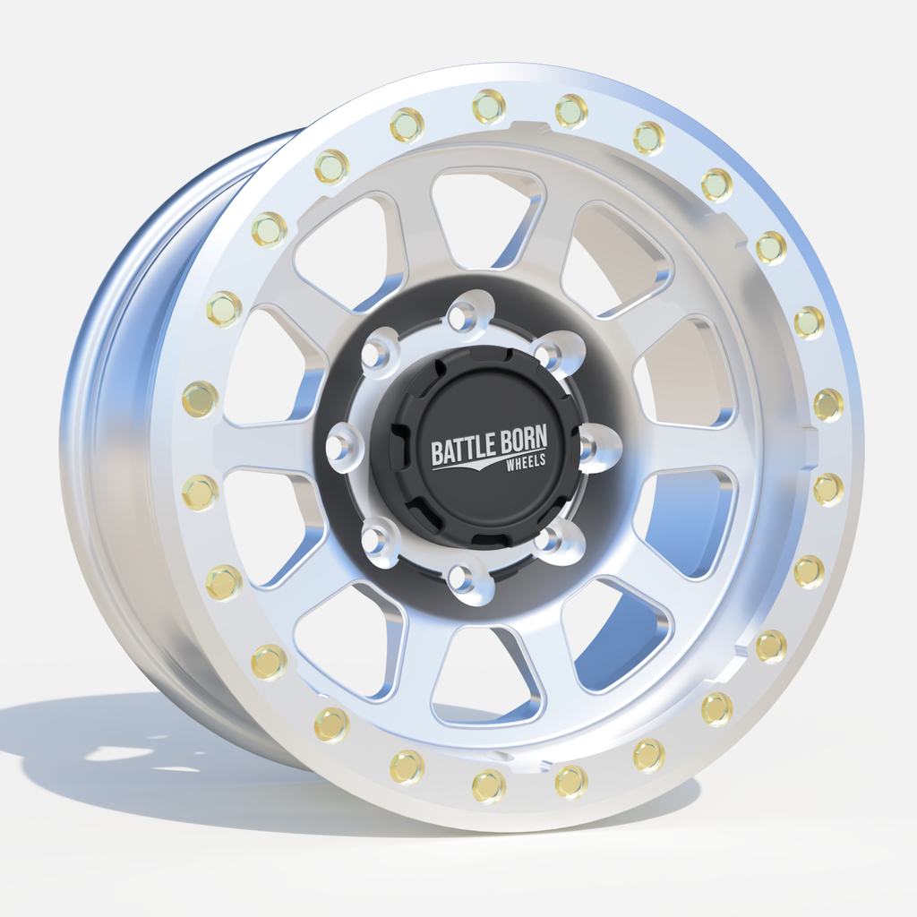 Battle Born Wheels Sierra forged simulated Jeep wheels 17x9 with machined finish, drain holes, and 5x5 bolt pattern.