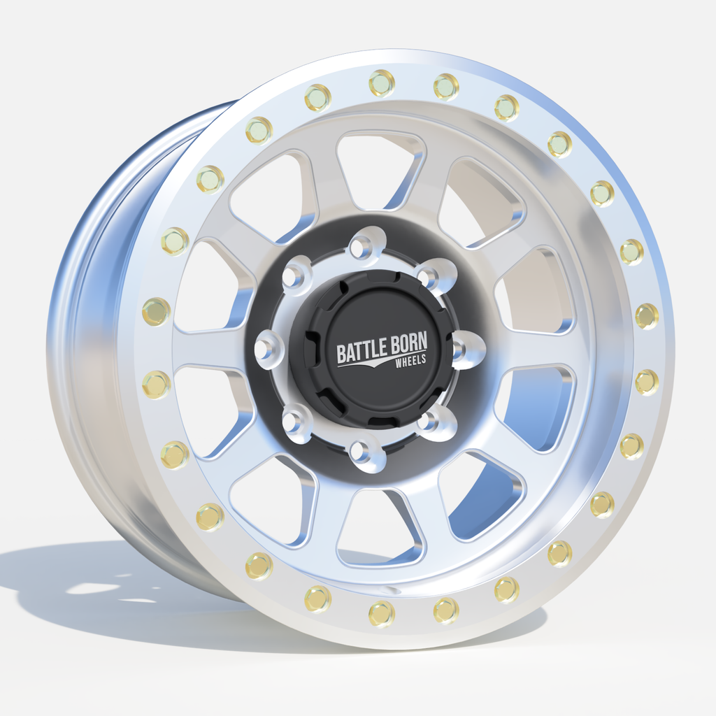 Battle Born Wheels Sierra forged simulated 17x9-inch Jeep wheel with 5x5.13 bolt pattern, machined finish, simulated ring, drain holes