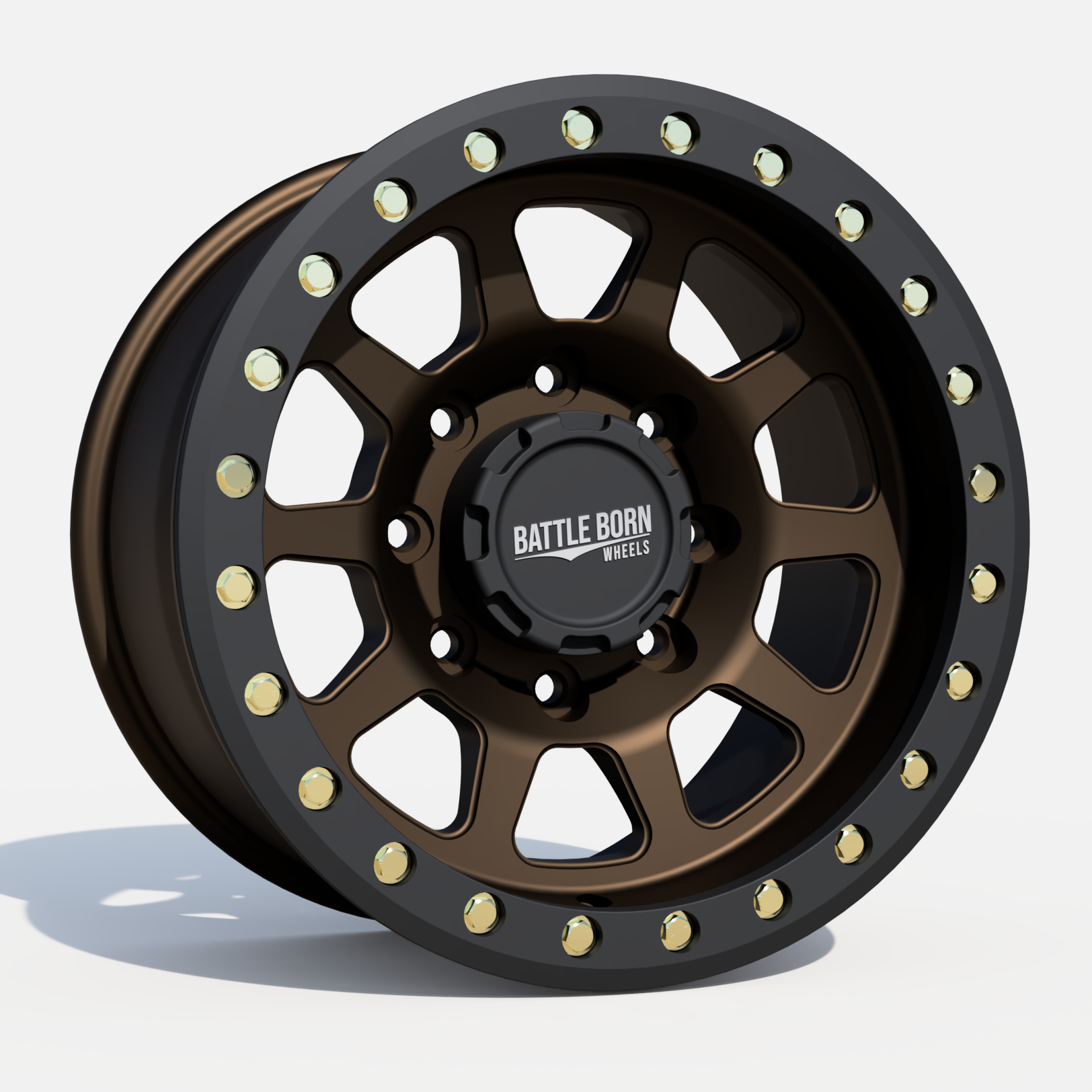 Battle Born Wheels Sierra forged simulated 17x9 Jeep wheels with machined finish, drain holes, and 5x5 bolt pattern for off-road vehicles.